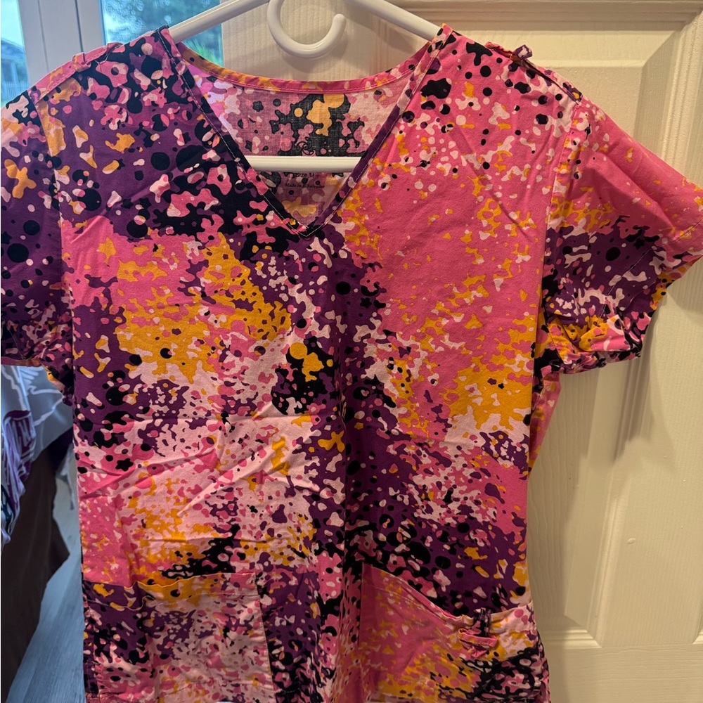 Jockey Pink and Yellow Abstract Scrub Top
